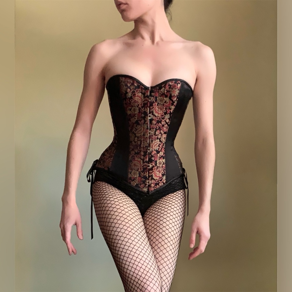 Vintage Brocade Overbust Corset, Red and Gold Floral Brocade, Lace Up, Boning